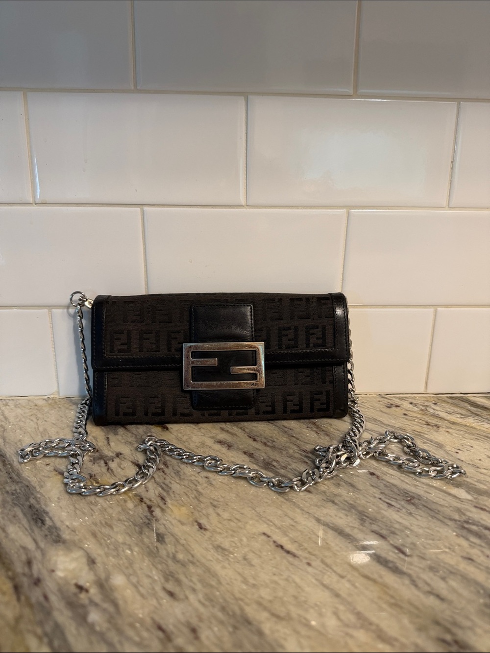 Fendi Brown and Black Zucca FF Bifold clutch with Silver Buckle and chain